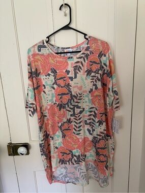 Women’s Floral Print Short Sleeve Top - Coral/Mint